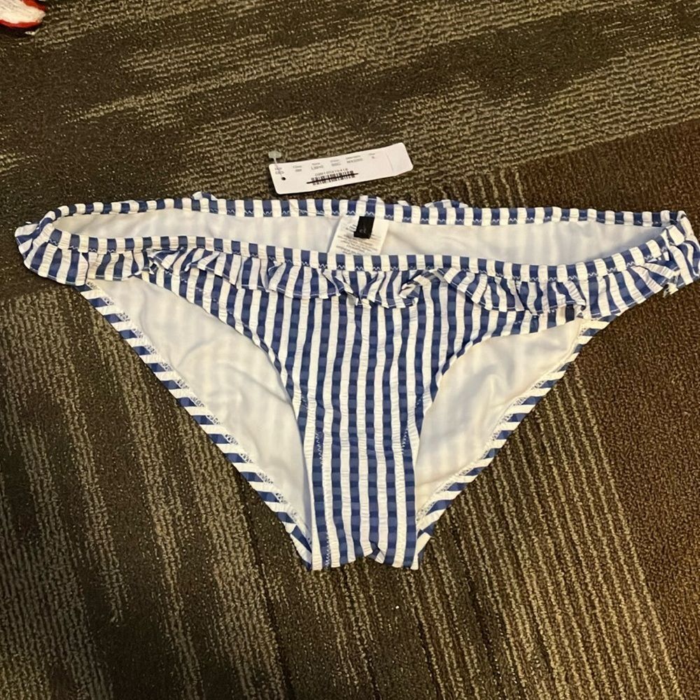 J. Crew Seersucker Blue Stripe Ruffle Bikini Bottom Small NWT